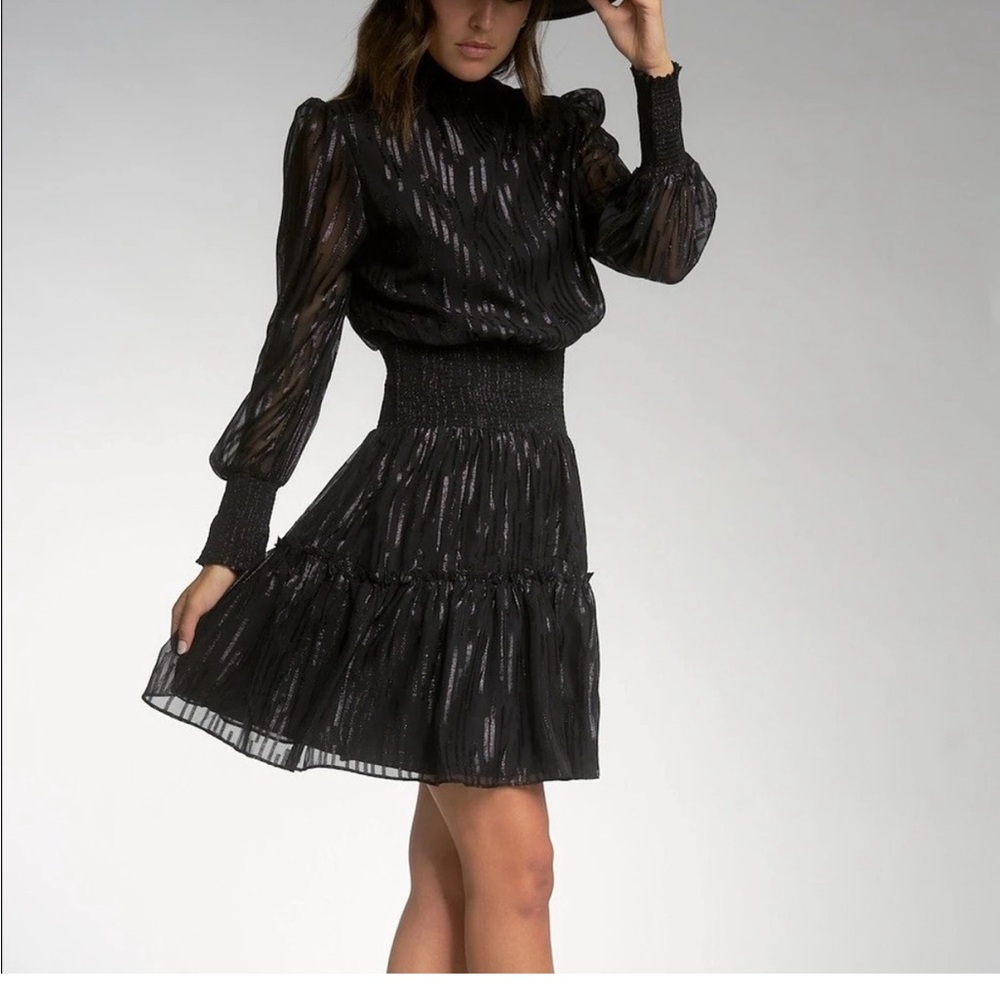NWT Elan dress Black shimmer cocktail smocked‎ details ruffle 
 S M party